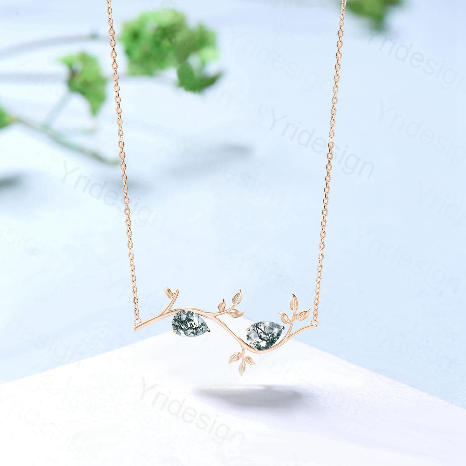 Dainty Pear Shaped Moss Agate Necklace Leaves Vine Branch Agate Pendant Necklace Nature Inspired Guard Pendant Unique Anniversary Gift Women