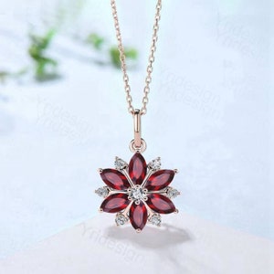 Vintage Snowflake Ruby Pendant Necklace Unique Retro Marquise Lab Red Ruby Necklace Floral Flower Pendant Antique Necklace Christmas gift