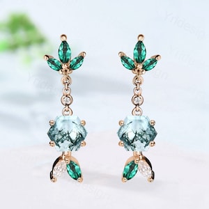 Unique Moss Agate earrings Emerald Green Agate Stud Earrings Women Solid 14k 18k rose  gold green crystal earrings anniversary gift