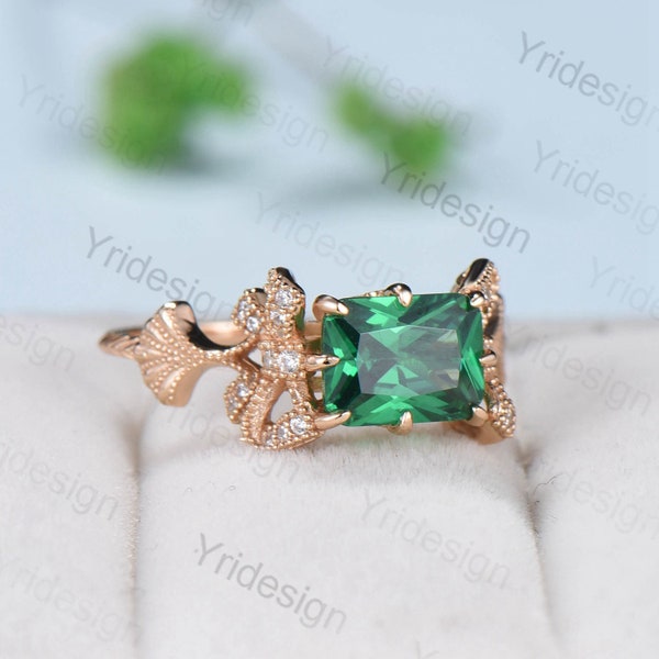 Vintage Emerald Cut Emerald Ring Rose Gold 2CT East To West Engagement Ring Unique Ginkgo Wedding Ring For Women 8 Prong Retro Promise Gift