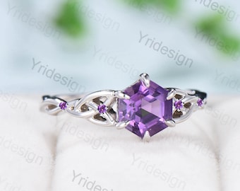 Unique Celtic Love Knot Amethyst Engagement Ring Vintage Norse Viking Purple Stone Cluster Wedding Ring For Women Handmade Promise Ring
