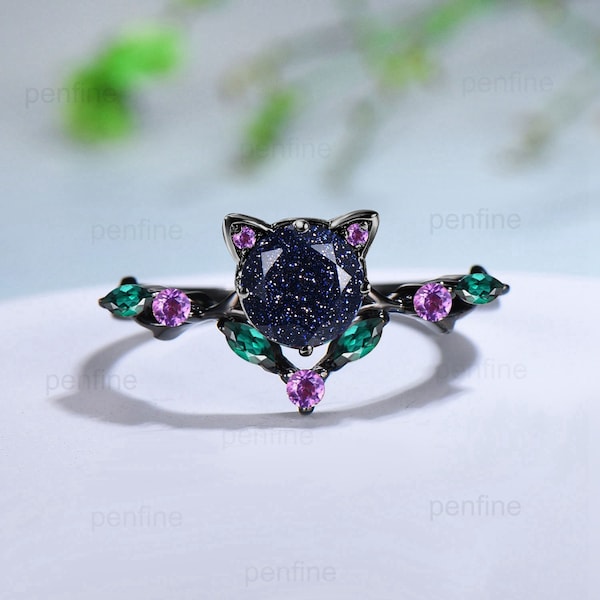 Dainty 5mm Round Blue Sandstone Ring Vintage Galaxy Starry Engagement Ring Black Gold Cat Promise Ring Marquise Emerald Wedding Ring for Her