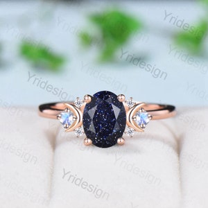 Vintage Moon Blue Sandstone Ring Unique 1.5Ct Oval Galaxy Engagement Ring Wedding Ring For Women Unique Handmade Proposal Gifts for Women