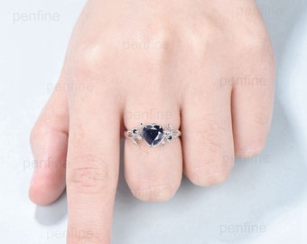 Elegant Heart Blue Sandstone Ring Vintage Galaxy White Gold