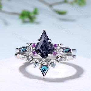 Vintage kite cut blue sandstone engagement ring set Crescent moon star alexandrite amethyst cluster ring unique gothic bridal ring set women
