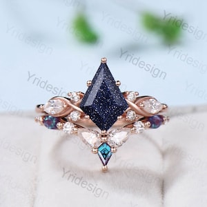 Unique Starry Sky Kite Cut Blue Sandstone Engagement Ring Set Kite Alexandrite Moissanite Bridal Set Antique Art Deco Wedding Ring Set
