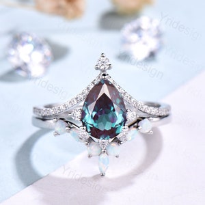 Art deco pear alexandrite engagement ring set Accent moissanite band alexandrite wedding ring crown opal stacking band Vintage bridal set