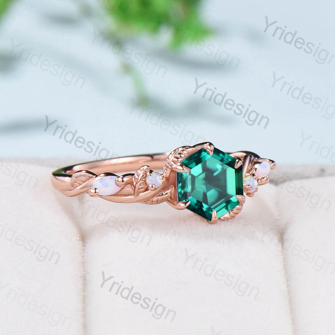 Vintage Green Emerald Ring Hexagon Cut Retro Leaf Engagement Ring 5 ...