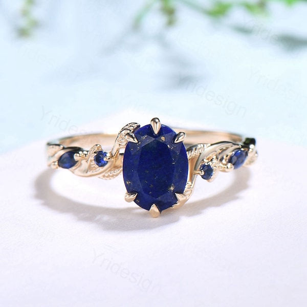 Nature Inspired Natural Lapis Lazuli Ring Vintage 1.5ct Oval Lapis Lazuli Engagement Ring Leaf Blue Sapphire Dainty Wedding Ring For Women