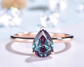 Solitaire Alexandrite Ring Simple Pear Alexandrite Engagement Ring Rose Gold Wedding Ring For Women Silver Gold  Dainty June Birthstone Ring