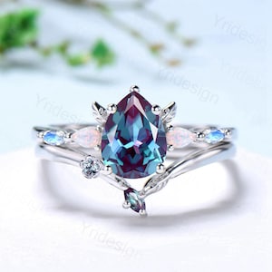 Unique Alexandrite Engagement Ring Set Five Stone Opal Moonstone Bridal Set Leaf Flower Stacking Band Art Deco Color Change Anniversary Ring