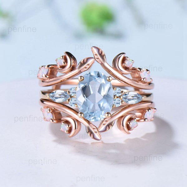 Vintage Oval Aquamarine Engagement Ring Set Leaf Bine Aquamarine Wedding Ring March Birthstone Double Curved Moon Opal Twig Bridal Set women
