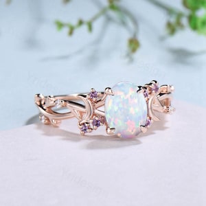Unique 1.5CT Oval Cut Opal Ring Vintage White Opal Moon Engagement Ring Twig  Branch Cluster Amethyst Wedding Ring PromiseGift For Women