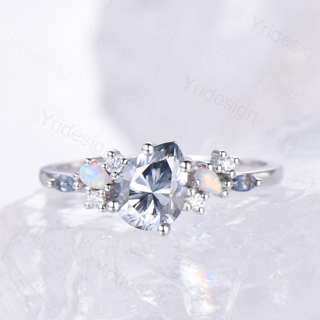 Unique Gray Moissanite Engagement Ring White Gold Pear Shaped Bridal ...