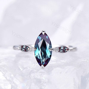Dainty Marquise Cut Alexandrite Engagement Ring Three Stone Minimalist Color Change Stone Wedding Ring For Women Simple Anniversary Ring