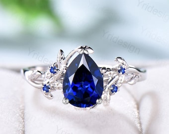 Elegant Pear Shaped Sapphire Ring Vintage Unique Twig Engagement Ring Leaf Cluster Sapphire Wedding Ring Women Blue Gemstone Branch Ring