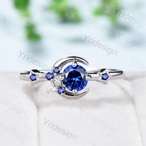 Vintage Crescent moon Sapphire Ring Women Unique Cluster Star Galaxy blue sapphire moissanite wedding ring celestial anniversary gift her