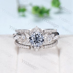 3pcs Vintage Gray Moissanite Engagement Ring Set Unique Leaves Nature Inspired Wedding Ring Gold Art Deco Moissanite Bridal Set for Women