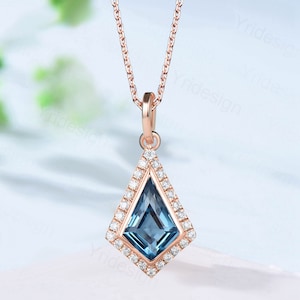 Kite cut London blue topaz pendant necklace unique halo moissanite diamond necklace pendant rose gold women bridal promise anniversary gift