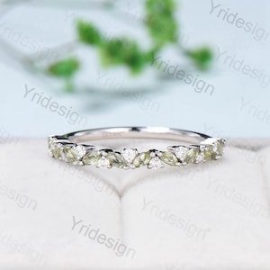 Vintage Peridot Wedding Band, Marquise cut White gold wedding ring, Unique peridot Stacking matching ring Bridal ring, Anniversary band ring