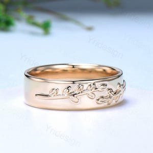 6mm Unique Leaf Wedding Band Mens 14K Yellow Gold Art Deco Leaf Branch Vines Design Wedding Ring Men Anniversary Engagement Rings For Men