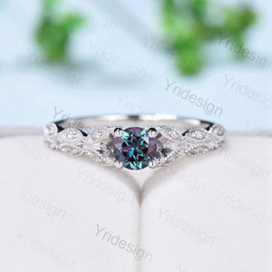 Dainty alexandrite engagement ring vintage split shank color changing alexandrite ring white gold art deco moissanite promise ring for women