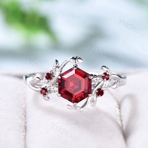 Leaves Ruby Engagement Ring Vintage Unique Natural Inspired lab ruby Ring 14K White Gold Leaf Branch Wedding Ring Women Twig Promise Ring