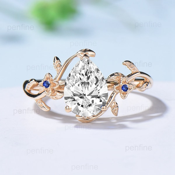 Art Deco Diamond Engagement Ring VVS-D Pear Shaped Nature Inspired Lab Grown Diamond IGI Certificate Elegant Moissanite Flower Wedding Ring