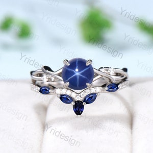 7mm Round Star Sapphire Engagement Ring Set Nature Inspired Branch Twig blue sapphire Wedding Set Unique Leaf anniversary promise ring
