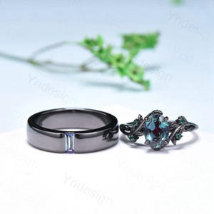 Couples ring set 14k black gold alexandrite wedding rings set twig ring men and women His Hers engagement ring nature inspired Promise gift