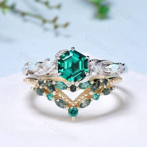 Unique hexagon cut emerald wedding set, Nature Inspired opal emerald engagement ring set, curved moss agate stacking band bridal set women