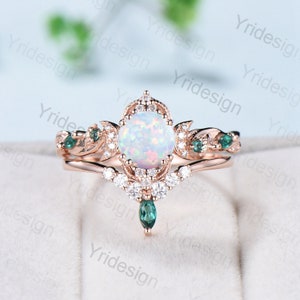 Vintage White Opal Engagement Ring Set Unique Leaves Nature Inspired Emerald Wedding Ring Set Art Deco Green Crystal Moissanite Bridal Set
