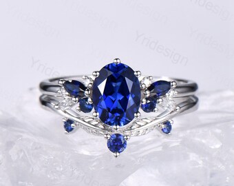 14K White Gold Engagement Ring Set With Blue Sapphire & White Diamonds (Size 5.5)