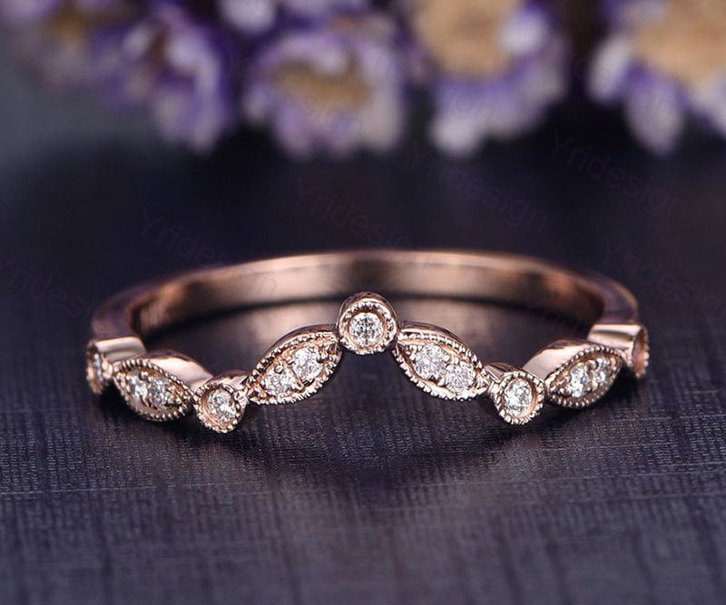 Curved V wedding band solid 14k rose gold stacking matching Etsy