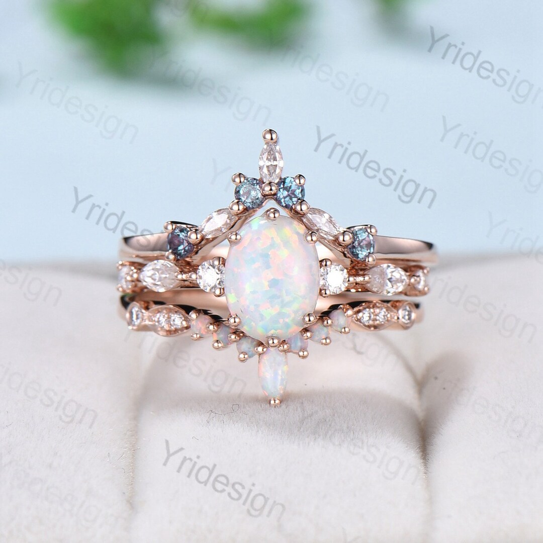 Vintage Opal Engagement Ring Set 3pcs Unique Rose Gold Fire - Etsy