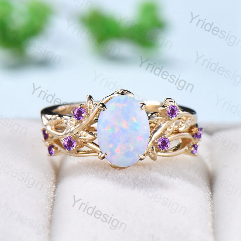 Nature Inspired Opal Engagement Ring Set Leaf White Opal - Etsy