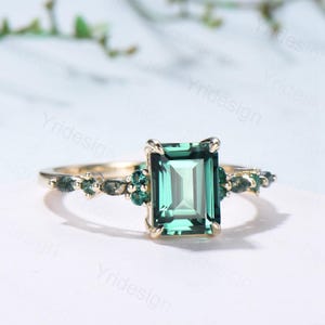 Vintage Emerald Cut Green Sapphire Engagement Ring 14K Yellow Gold Unique Marquise Moss Agate Emerald Wedding Ring Promise Anniversary Gifts