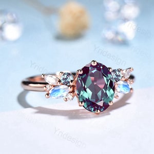Unique Alexandrite Engagement Ring Women Alternative Moonstone Wedding Ring Vintage Nature Inspired Cluster Moissanite Promise Ring For Her