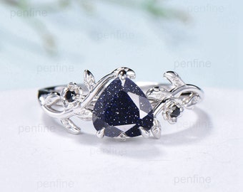 Elegant Heart Blue Sandstone Ring Vintage Galaxy White Gold