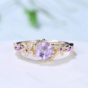 Floral Hexagon Cut Lavender Amethyst Ring Natural Inspired Purple Amethyst Engagement Ring Yellow Gold Leaf Twisted Anniversary Promise Ring