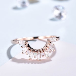 Crown Opal Diamond Wedding Band Rose Gold Curved Baguette Cut Unique Opal Stacking Band Anniversary Ring Deco Diamond  Ring