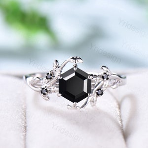 Vintage Black Onyx Engagement Ring Hexagon Cut Unique Leaf Vine White Gold Onyx Wedding Ring Women Delicate Anniversary gift promise ring