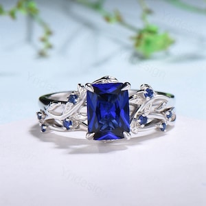 Vintage Emerald cut blue sapphire engagement ring set Nature inspired sapphire wedding ring set white gold leaf vine bridal set for women