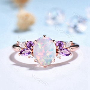 Unique White Opal Engagement Ring Women Alternative Cluster Amethyst Wedding Ring Vintage Nature Inspired Art Deco Moissanite Promise Ring
