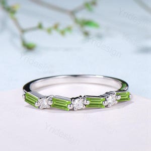 Vintage Baguette Cut Peridot Wedding Band Women Unique August Birthstone Stackable Ring Half Eternity Matching Band Promise Anniversary Gift