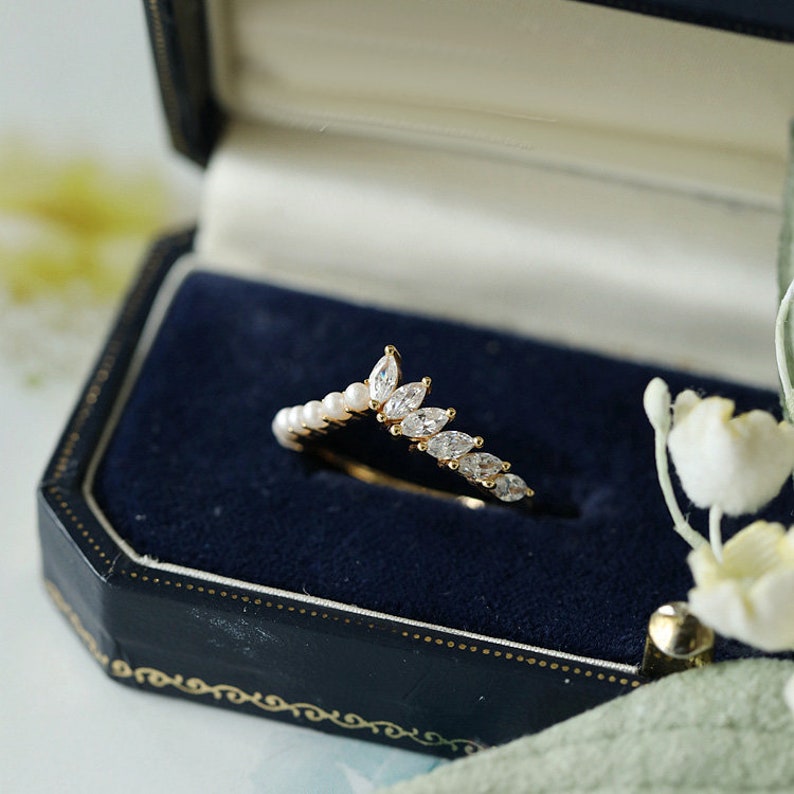Pearl and Moissanite Ring Unique Anniversary Ring 14k 18k gold bridal ring Curved matching band Fresh water Pearl Wedding Ring For Women