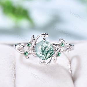 Elegant Moss Agate Ring Vintage Unique Twig Engagement Ring Leaf Cluster Emerald Wedding Women Green Gemstone Natural inspired  Branch Ring