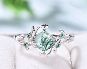 Anel de noivado elegante com ágata musgo, vintage, exclusivo, com galhos, conjunto de folhas, esmeralda, casamento feminino, pedra preciosa verde, anel de galhos inspirado na natureza