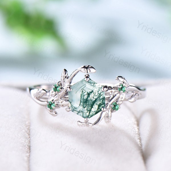 Elegant Moss Agate Ring Vintage Unique Twig Engagement Ring Leaf Cluster Emerald Wedding Women Green Gemstone Natural inspired  Branch Ring