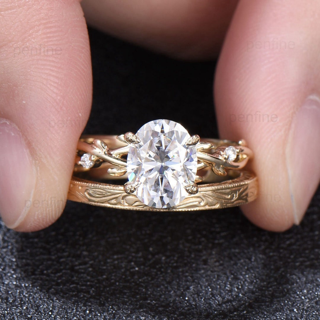 Oval Moissanite Engagement Ring Set, 14k Yellow Gold Twig Leaf Band - Etsy